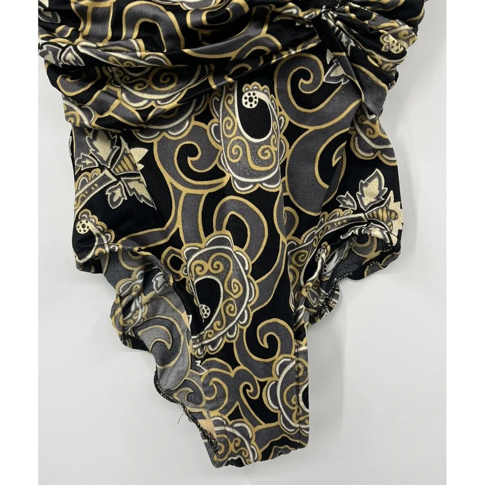 Vintage Catalina One Piece Bathing Suit Black Gold Ruched Lined Size 8 USA Made